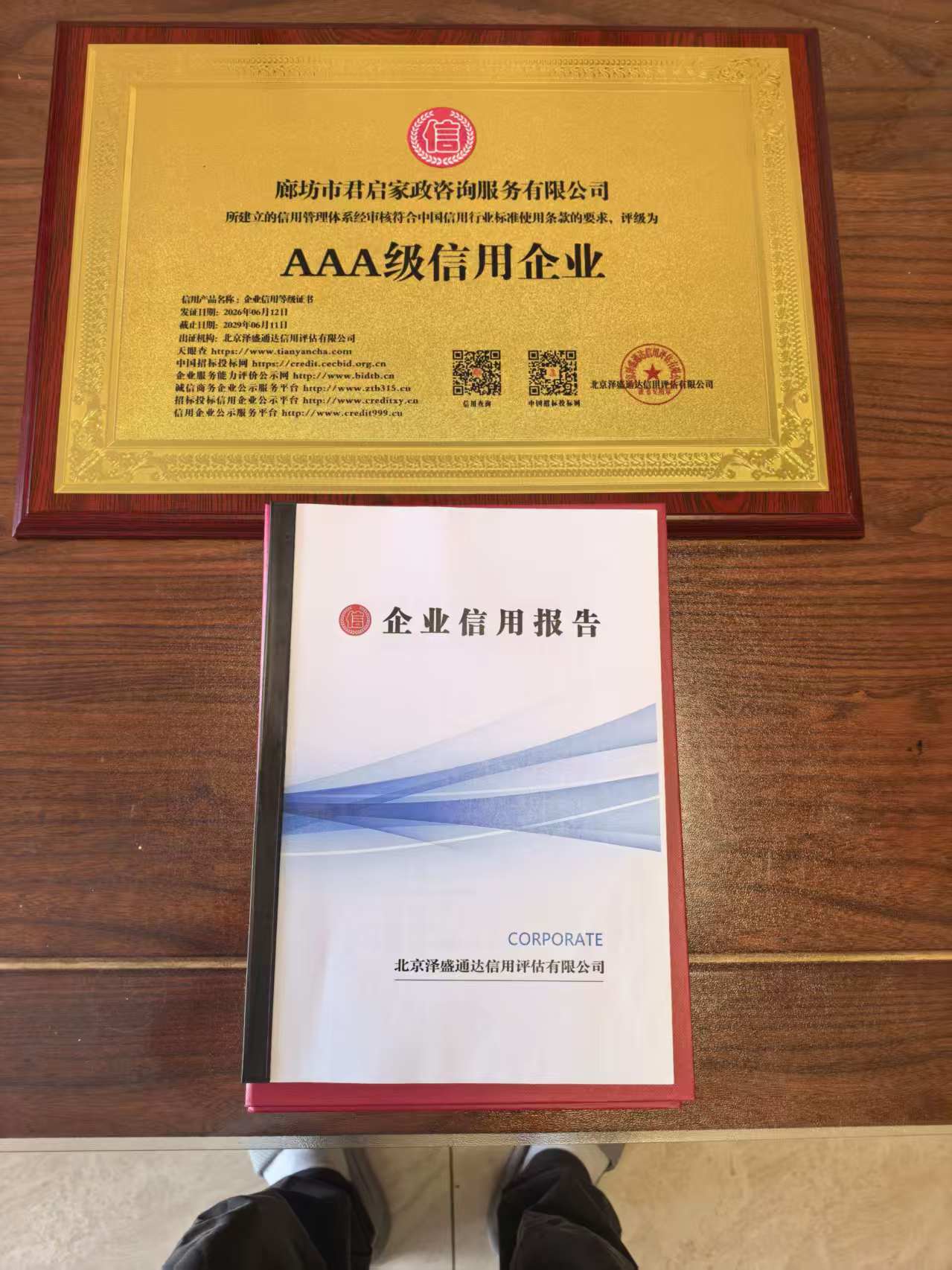 AAA 级信用企业牌匾 + 企业信用报告